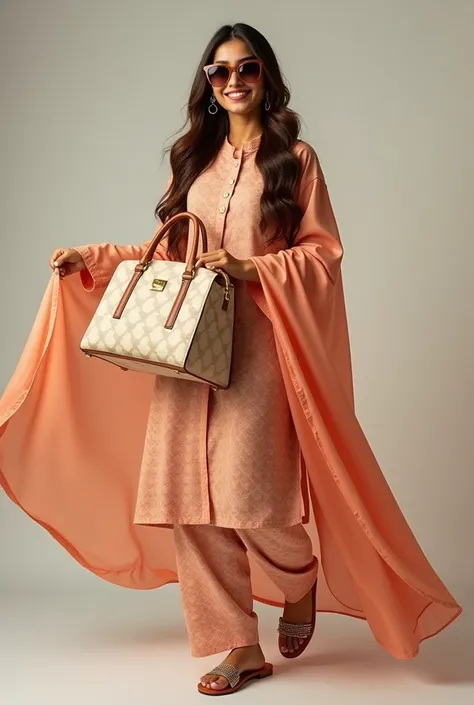 Pakistani realistic beautiful cute 18 years old fair skin looking down model fashionable stylish attitude big smile full body cover salwar Kamez dress long dopatta on the head long brown hair sunglasses long sandals beautiful makeup  Advertising the brand ...