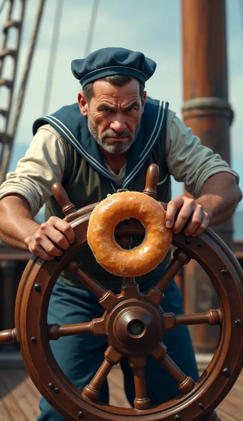 Sailor pokes the doughnut onto the ship’s wheel spoke center out of frustration]