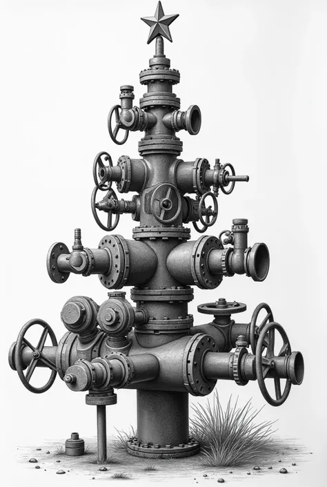 Pencil sketch of a Christmas tree of a gas supply organization with your own hands from improvised tools related to the gas industry
The elements are fastened together and do not hang in the air 
A Christmas tree made of pipelines that I will cook and form...