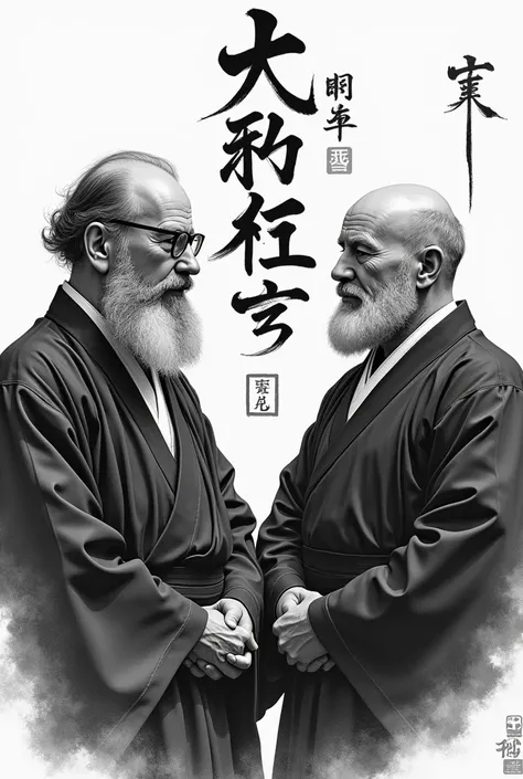 Draw a picture portrait in black and white of brian kernighan and dennis richie , c language creator , in kimobo like   dojo portrait of master jigoro kano kawashi