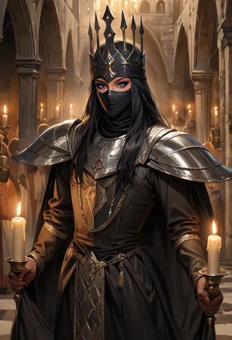 Persian king, black tied balaclava, five foot seven inch height, black clothes, dark complexion, black eyeshadow, distinctive blue eyes, wearing a kings cloths, slender and graceful, beautiful, candlelight in a medieval setting, ultra sharp focus, realisti...