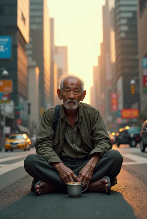 Asian beggar sitting with a cup and asking for coins turns into a millionaire