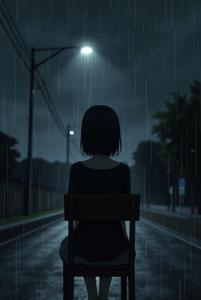 anime girl black shirt sad and mute sit on chair at road under pole dark night during raining and storms see her at back side dark photo