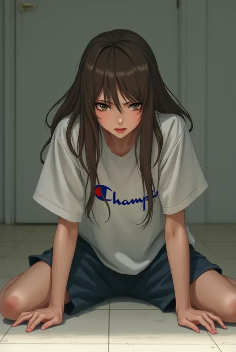 Ｘ shape with both hands and feet wide open、Champion t-shirt with both hands and feet wide open, Japanese woman, brown hair, long hair, restrained handsおしっこお漏らし