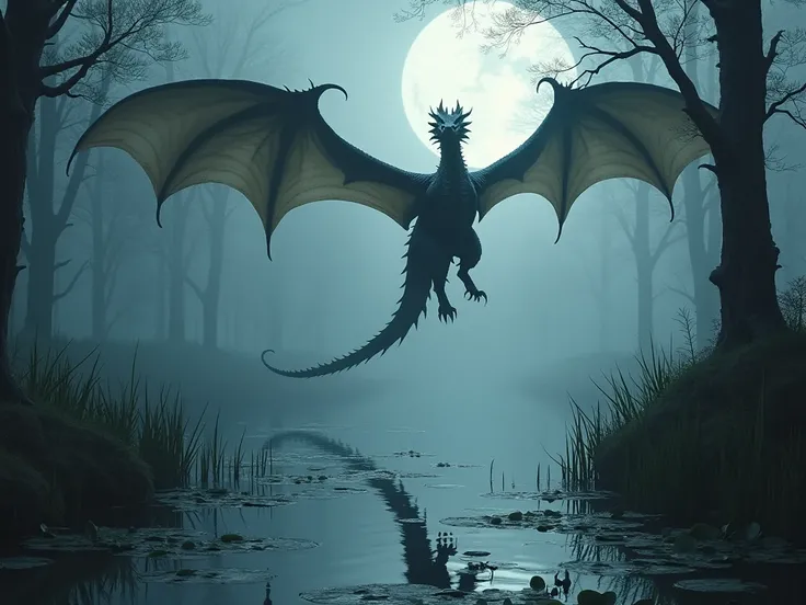 dragon in a swamp at night
 high resolution สุด,  Masterpiece ,  high resolution , 