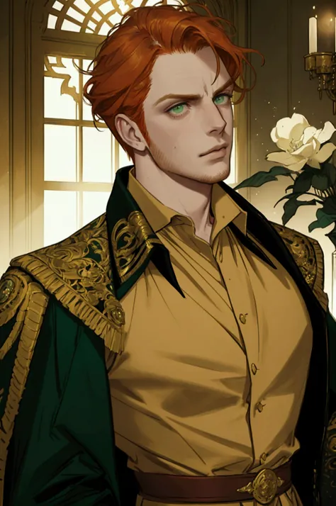 a man with ginger hair, green eyes, arrogant expression, wearing vintage clothing, masterpiece, realistic, photorealistic, high quality, sharp focus, hyper detailed, cinematic lighting, dramatic lighting, chiaroscuro, dramatic pose, intricate fabric detail...