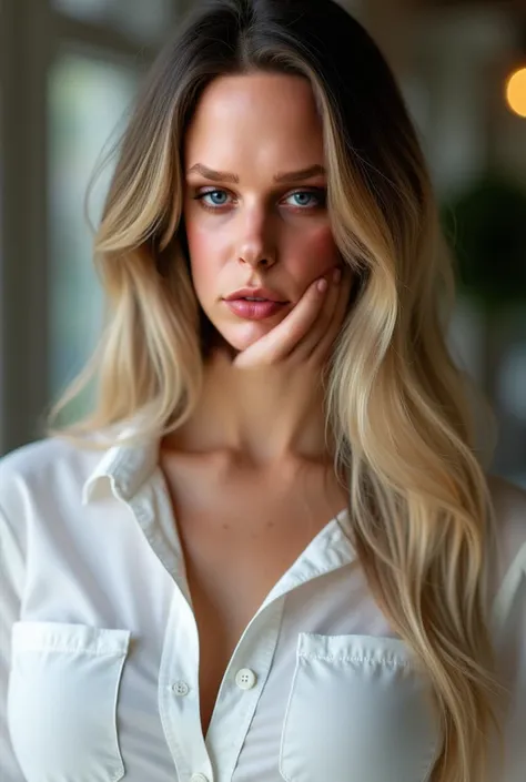 best qualityer:1.4), (ultra high resolution:1.2), (photorrealistic:1.4), (8k, CRU photo:1.2), 1 dutch girl. Long straight blonde hair with black highlights. eyes browns. He is wearing a white long sleeve button down shirt. He is wearing black jeans. The ca...