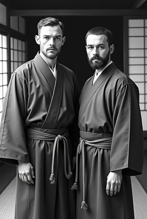 Draw a picture portrait in black and white of brian kernighan and dennis richie at the age of 25 , c language creator , in kimobo like   dojo portrait of master jigoro kano kawashi