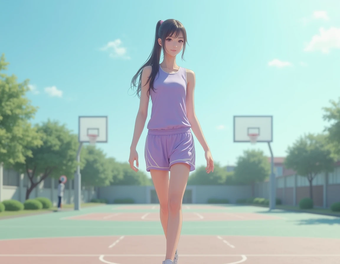 Cute girl with a good figure, wearing a pastel purple basketball uniform, tight-fitting, beautiful Asian girl, in a basketball court, outdoors, clear sky, realistic.