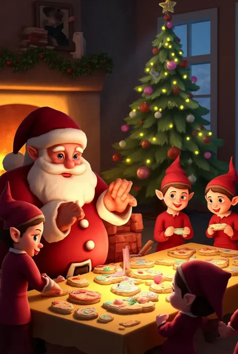 Does the shine of the Christmas light portray Santa Claus and the little elves helping her in a nice, warm house by the fireplace, decorating the freshly baked cookies with frosting?