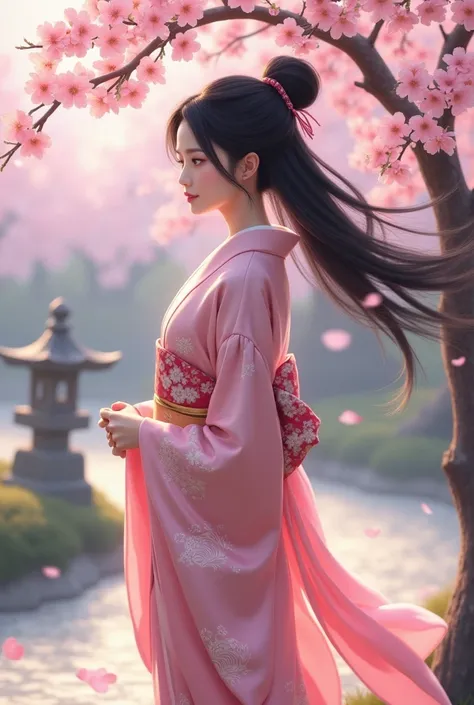 A graceful Japanese girl with long black hair tied in a traditional bun, wearing a soft pink silk kimono decorated with cherry blossom patterns. She stands under a blooming sakura tree in a serene Japanese garden with a small stone lantern in the backgroun...