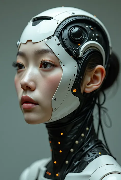 Niji Stan Katayama Style
A front closeup of a woman with a calm, pensive expression. The right side of her head is covered in highly sophisticated cybernetic implants and high-tech equipment, creating a striking contrast against her otherwise serene featur...