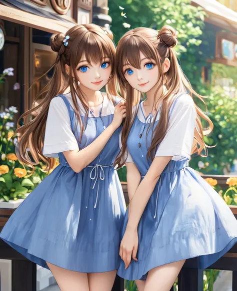 HD， a girl 、 charming, beautiful blue eyes 、 long hair，Tied with two brown hair buns 、Dress casual