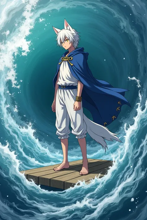 Anime style, full body, young adult man with meduim length white hair, yellow eyes, white fox ears and tail, average build, wearing greek style white tunic and tattered blue cloak, standing on a raft in a whirlpool