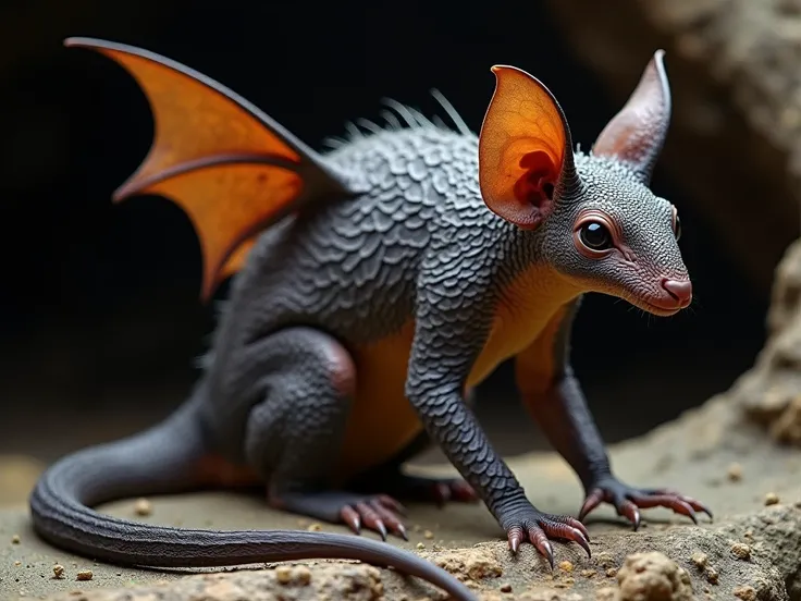 a mammal covered manly with scales, with huge bat-like ears and a long tail, slim posture, no wings, lives in caves, little eyes