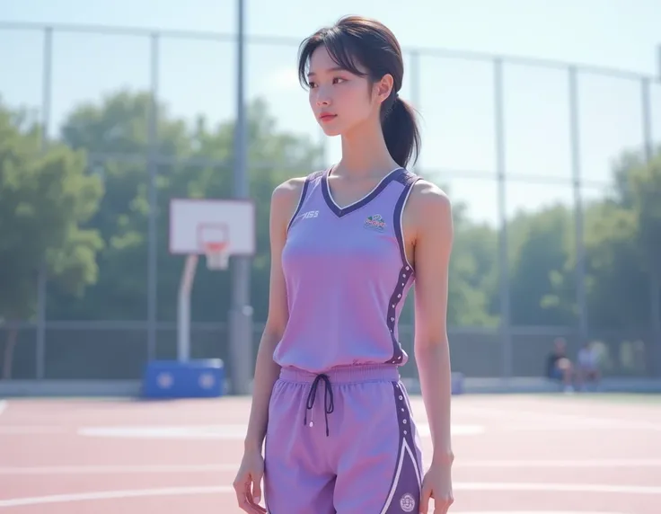 Cute girl with a good figure, wearing a pastel purple basketball uniform, tight-fitting, beautiful Asian girl, in a basketball court, outdoors, clear sky, realistic image, light purple tone.