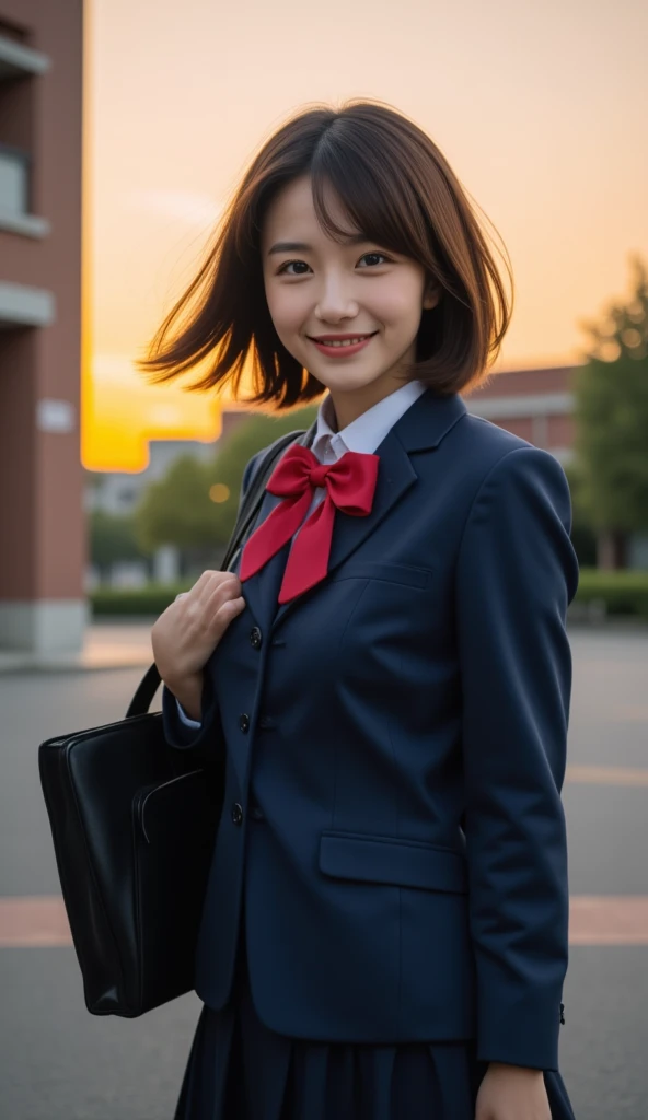 A cheerful Japanese high school girl with short, wind-swept hair, wearing a navy blue school uniform with a red ribbon. She stands in the schoolyard during sunset, holding a bookbag, with her bright eyes shining against the orange glow of the sky.