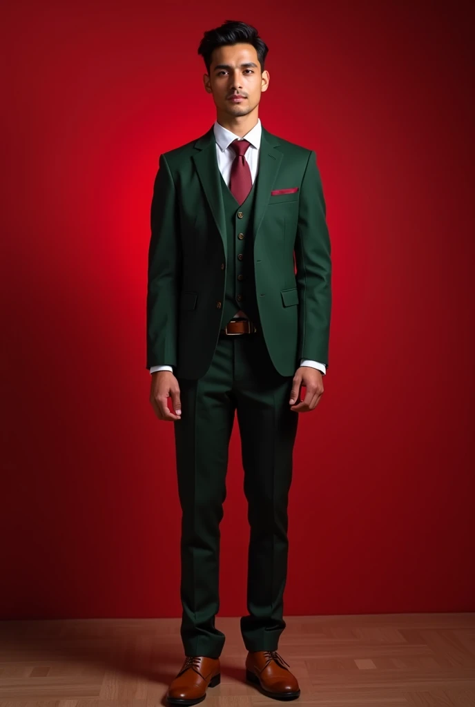 25 year pakistani boy with medium skin tone wearing three piece suit and narrow body posing for full body front pose from head to toe for profile in formal with  must wedding hall backgroung with red light picture should from far so that full height (6.6 f...