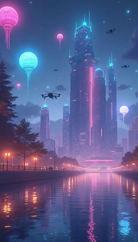 masterpiece, uhd, 4K, high resolution, wallpaper, high contrast, intricate details, a futuristic city at night with dazlling colorful neon lights and hovering orbs and drones. located beside a vast lake casting a fantasy like reflection of the city