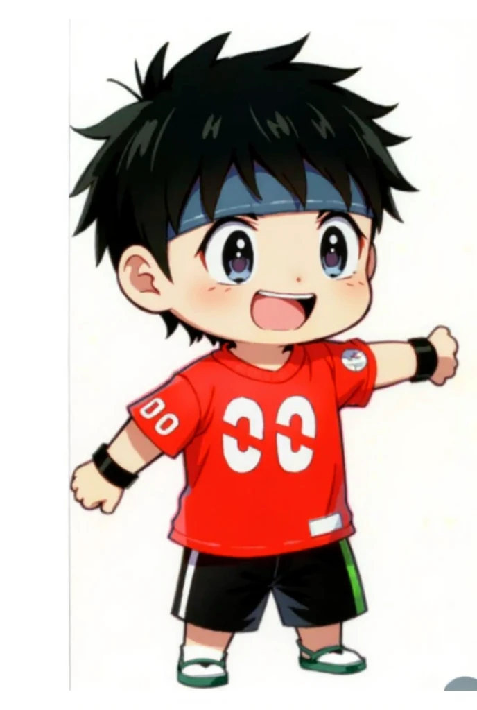 Anime,man,Short black hair, wearing a black turtleneck with white lettering , Red Short Jeans , Black Shorts , white sneakers 