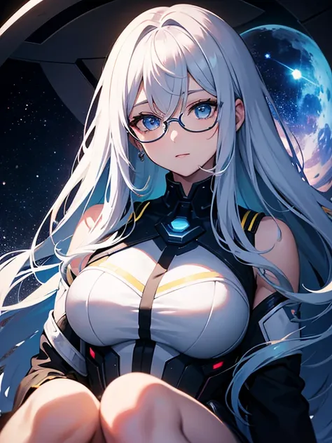 An anime-style close-up of a beautiful scientist with long, flowing silver hair and bright blue eyes, sitting alone in a futuristic spaceship. She is facing the camera directly with a warm, gentle smile, exuding intelligence and calm confidence. Her eyegla...