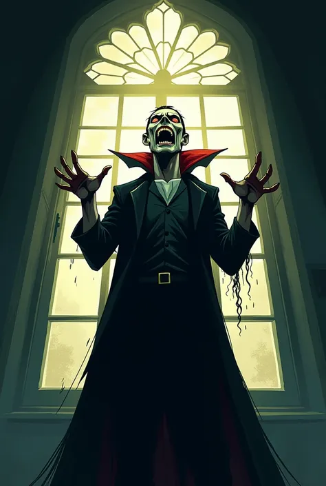 The vampire stands facing the window on the left, blocking the sun shining from the window in terror. Lets get a little scary cartoon lines.