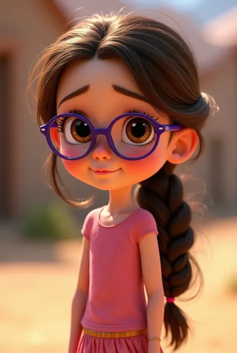 Image d’une fillette de 5 ans style Disney Pixar. Elle a les yeux marrons et porte de fines lunettes violettes foncees. Elle a de long cheveux bruns ondules coiffes en queue-de-cheval. Elle est assise par terre. Elle pleure et a beaucoup de larmes.