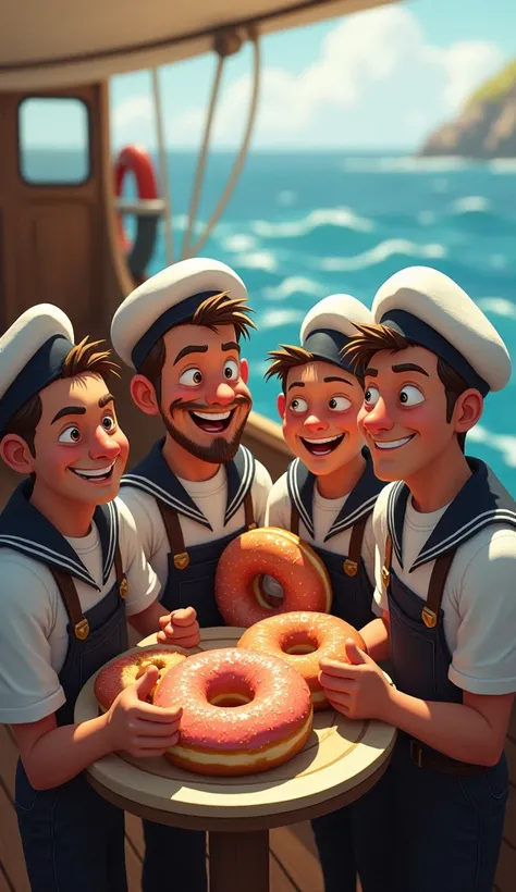 Men Sailors happily eating doughnut 