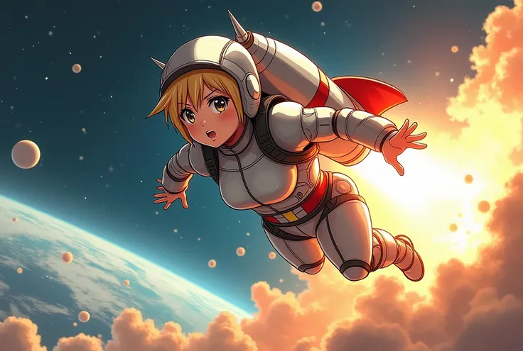 A 17-year-old female character personifying a space rocket, depicted in a color manga style. The character wears metallic armor resembling the design of a rocket, along with a helmet and visor matching the rockets aesthetic. Her face is facing forward, emp...