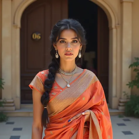 A 22 years old girl Wearing,.Saree with a Twist: A saree worn with a crop top or a blouse that has a more contemporary cut. You can experiment with draping the saree like a long skirt or tie it around your waist with a belt for a more fashion-forward look....