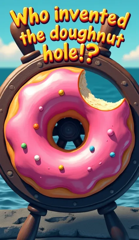 Bright, colorful image of a classic ring-shaped doughnut with a bite taken out, placed against a ship’s wheel or ocean backdrop. Include bold text: Who Invented the Doughnut Hole?!