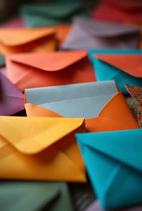 close-up of colorful envelopes with a gray letter peeking out, textured paper details, soft natural lighting, muted tones with vibrant accents, nostalgic and elegant atmosphere, high detail --ar 1:1
