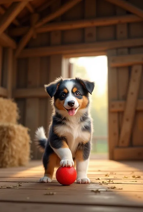 
6. **Prompt 6:**  
"A single Australian Shepherd puppy balancing a red ball on its nose in a rustic barn. The barn is filled with hay bales, wooden textures, and soft golden light streaming through the open doors, highlighting the puppy’s fur and playful ...