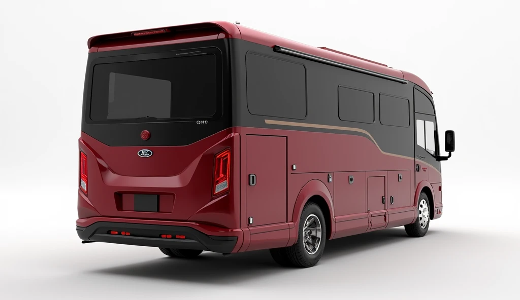  back side view a highly detailed 3d render of a 2026 new design ford mustang tt700 motorhome back side view truck, bold professional logo clearly displayed on the front grill, dark red shiny exterior, in a white luxurious showroom interior with perfect st...