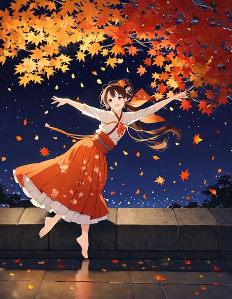 Autumn leaves dance in Kyoto in the fall of a moonlit night