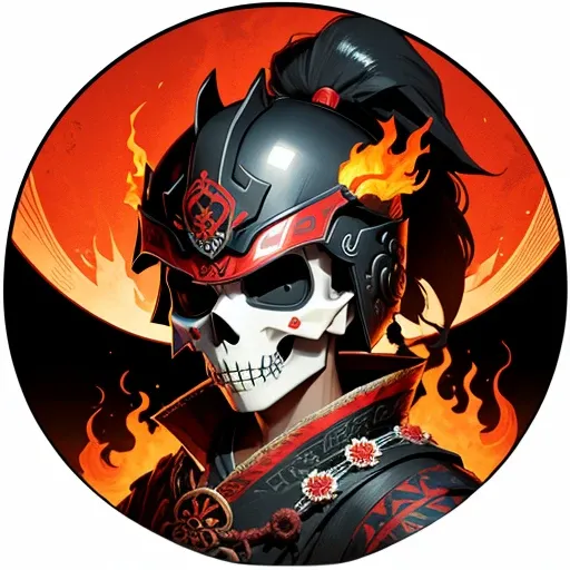   that fit within the TANEDA  、  Tribal design combining a skull and a samurai helmet in the middle、 Tribal flame designs adorn the surroundings 、White background、 simple