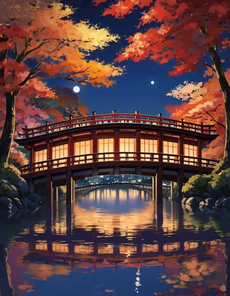 Bridge over Meiji Kyoto in the fall of a moonlit night