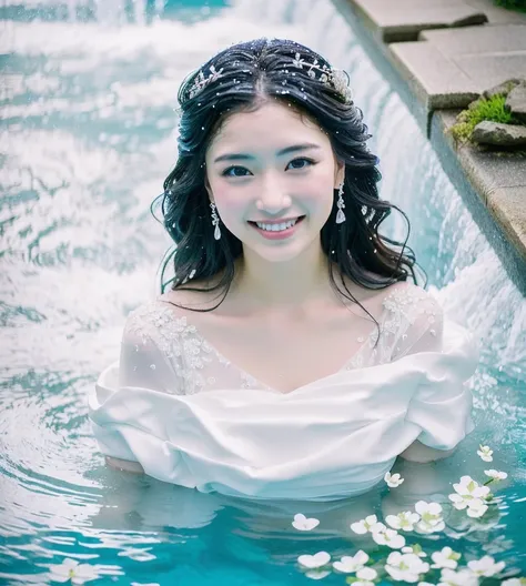  bride holding a bouquet in her hand at the pool,  Church Fountain Baptizing in the Pool 、 Bathing in the Fountain 、 Wet Pure White Wedding Dress 、 wet hair 、 wet skin 、 close-up fantasy water magic, Underwater Operation Photoshop ,  with Rei Hino as a pri...