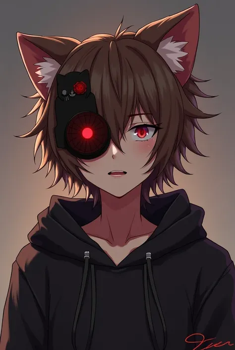 Your Name Wants to Watch Anime Style Cat Ears, Slightly Brown-Haired Boy 　 I have scratches and blood on my face after a fight my clothes are black hoodies　Im staring with slanted eyes 　 Im wearing a demon mask 