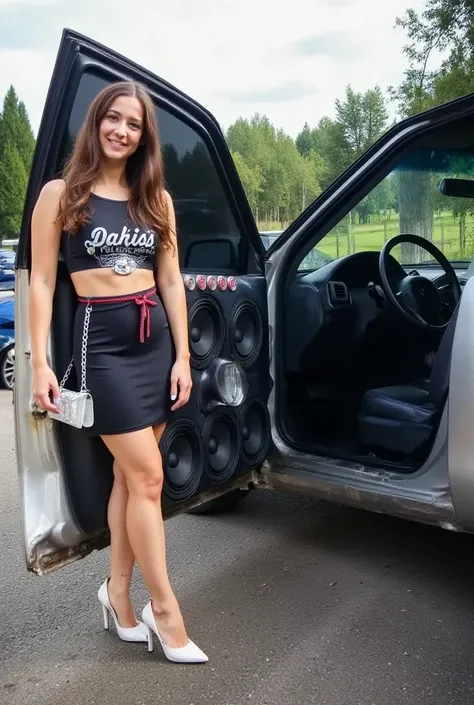 A beautiful girl in white louboutins near a car with a loud front