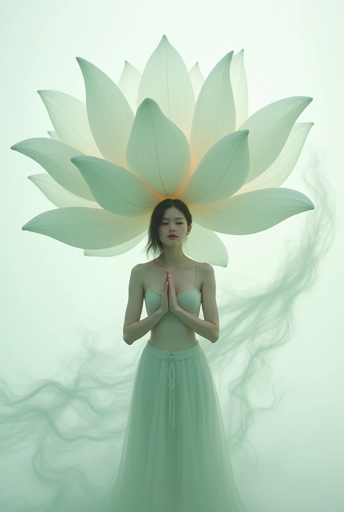 Light jade tone,simple white background, lighting effect, minimalist, elegant, pure gentle, soft light, photorealistic. a women (collarbone, shoulders) posing (praying and standing) with The hyper-giant lotus with huge and long petals (petal made of a thin...