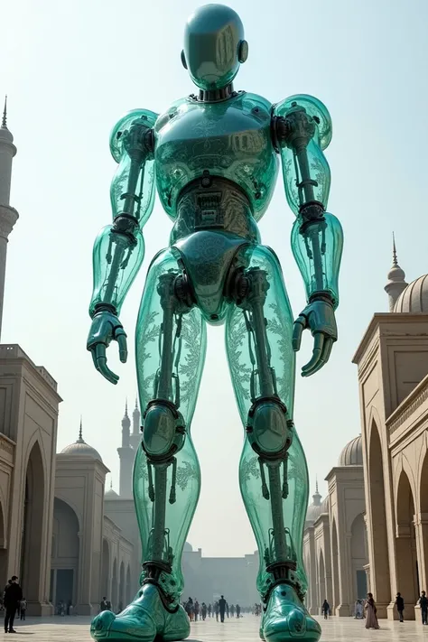 A robot made of glass higher than buildings standing in the middle of Registan Square 
