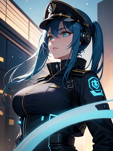 A beautiful female soldier with long, blue hair styled in twin tails, and striking green eyes, standing confidently against the backdrop of a futuristic city under a clear, starry night sky. She has a serious yet composed expression, radiating authority an...