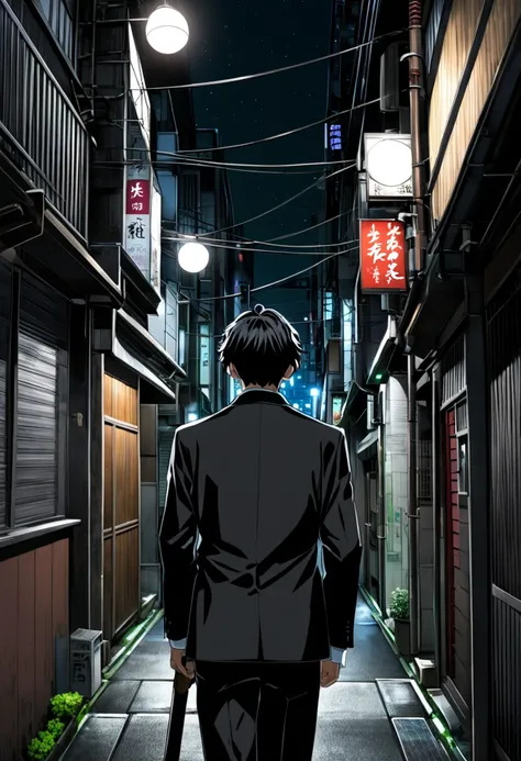  Anime style drawing of a fine alley in modern Tokyo at night .  Dark gloomy alley scene ,  there is an 18-year-old guy with dark curly black hair wearing emerald-eyed round-rimmed glasses wearing a black suit holding a katana sword walking in the alley. D...