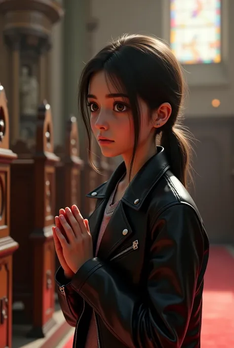 Fille 14ans (Realistic) leather jacket, she prays at church 