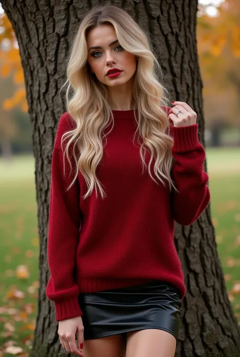 portrait of a beautiful female model, blonde hair, soft skin, blue eyes, fantasy makeup, red lips, dressed in a red wool sweater and black miniskirt in the park in autumn colors leaning on a tree and with a sensual and sexy pose. realistic, in Super 8K, su...