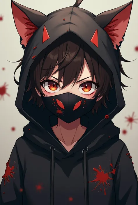 Your Name Wants to Watch Anime Style Cat Ears, Slightly Brown-Haired Boy 　喧嘩したあとでScratches on the faceと血がついてる服は黒のパーカー　Im staring with slanted eyes 　 Im wearing a demon mask 　Scratches on the face