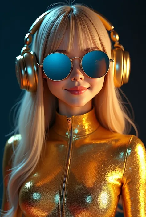 Photorealistic portrait of smiling genesia wearing a futuristic golden sequined bodysuit that catches the light, creating a metallic, mirror-like effect. She has long, straight blonde hair with bangs framing her face, and is wearing large, reflective blue-...