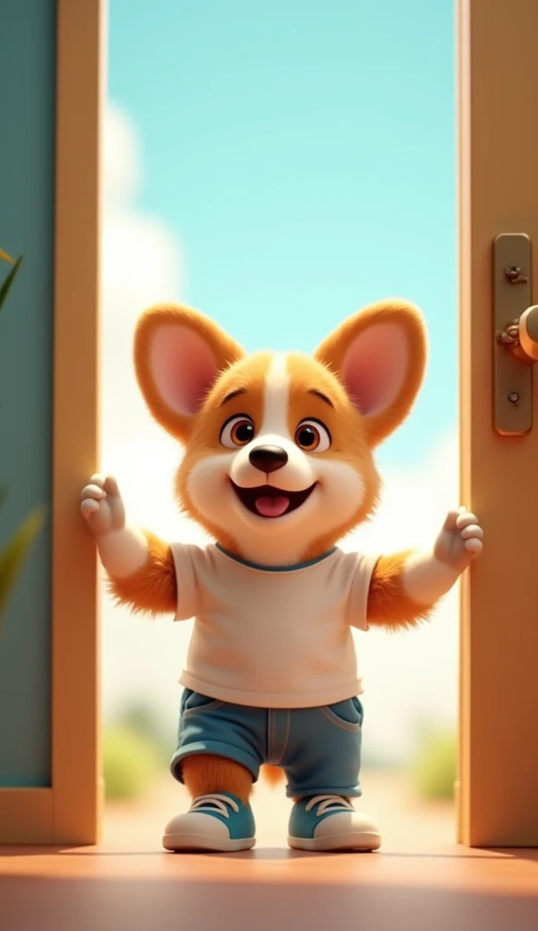 Brown corgi puppy opening the door to the future。 white t-shirt 、Blue trousers、Im wearing blue shoes 。A bright future。 3D animation style 。 fluffy coat 。Realistic。