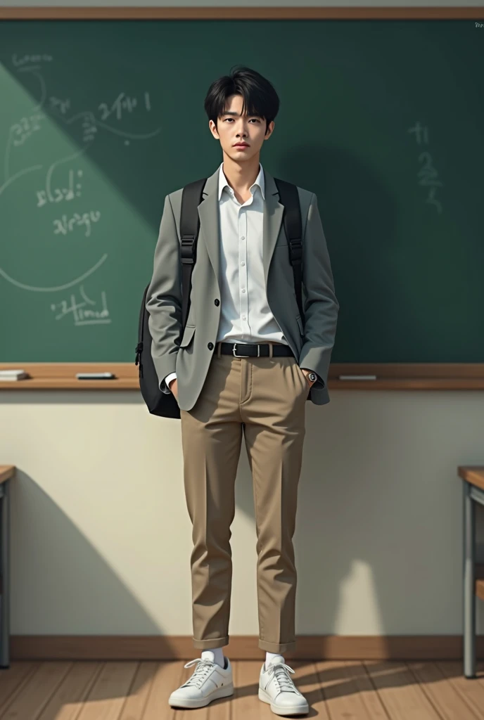 Very realistic,Japanese man, 20 years old, wearing clothes according to the example picture,Walking, front view, blackboard background in a typical Japanese high school classroom according to the example image,There are several other students sitting neatl...